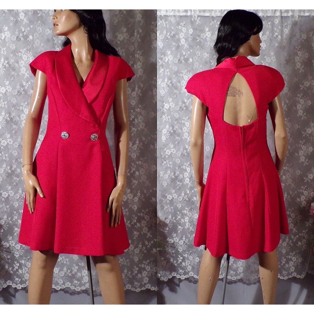Vintage 90s Red Open Back Cocktail Dress Size Small A-Line Collared Party Glam
